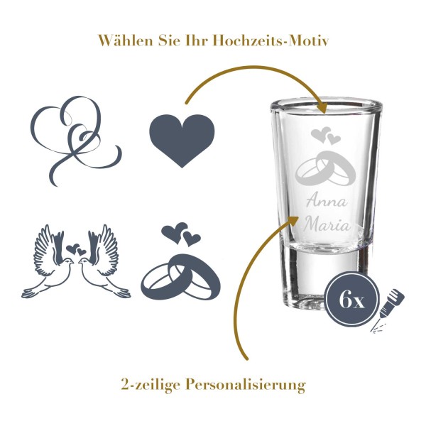 Stamper 2cl mit Gravur 6er Set - Hochzeitsmotive