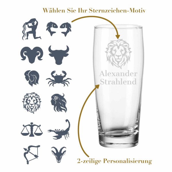 Bierglas / Willibecher mit Gravur 0,5 Liter - Sternzeichen + Personalisierung