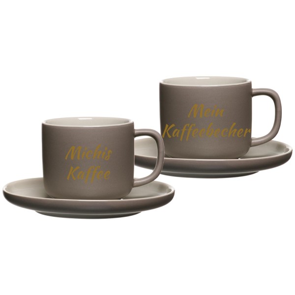 Kaffebecher mit Untertasse Jasper mit gold-gefärbter Gravur 2er Set - Taupe