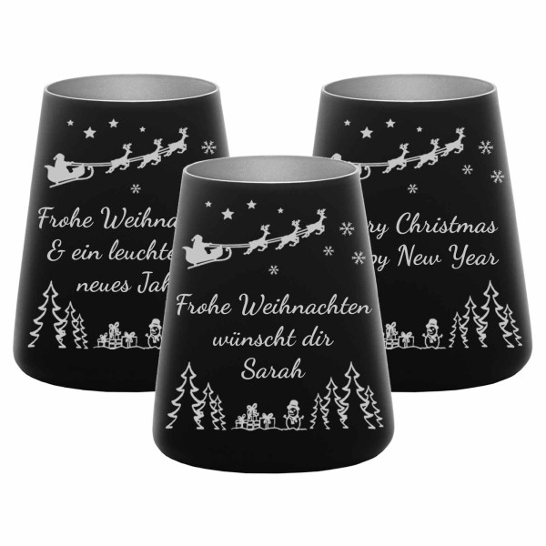 Teelichthalter schwarz-silber 3er Set mit Weihnachtsmotiv