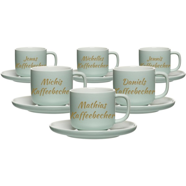 Kaffebecher mit Untertasse Jasper mit gold-gefärbter Gravur 6er Set - Grün