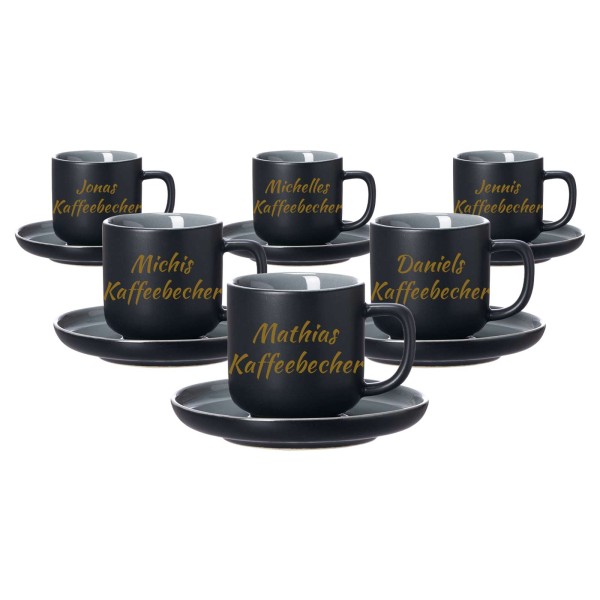 Espressotasse mit Untertasse Jasper mit gold-gefärbter Gravur 6er Set - Schwarz