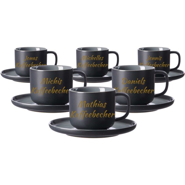 Kaffebecher mit Untertasse Jasper mit gold-gefärbter Gravur 2er Set - Schwarz