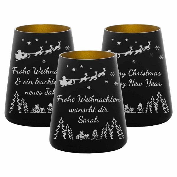 Teelichthalter schwarz-gold 3er Set mit Weihnachtsmotiv