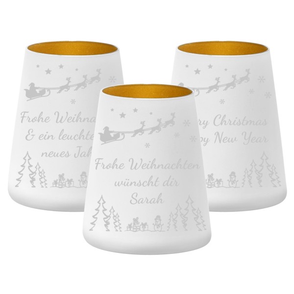 Teelichthalter weiß-gold 3er Set mit Weihnachtsmotiv