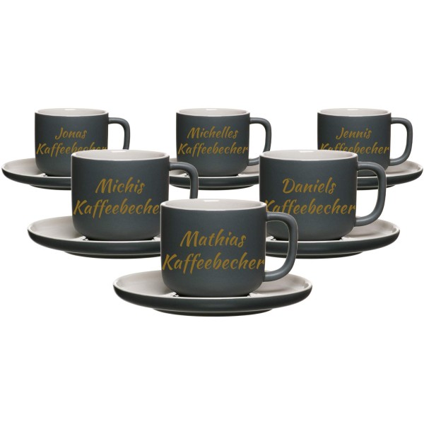 Kaffebecher mit Untertasse Jasper mit gold-gefärbter Gravur 2er Set - Grau