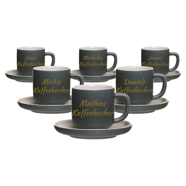 Espressotasse mit Untertasse Jasper mit gold-gefärbter Gravur 6er Set - Grau