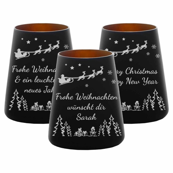 Teelichthalter schwarz-bronze 3er Set mit Weihnachtsmotiv