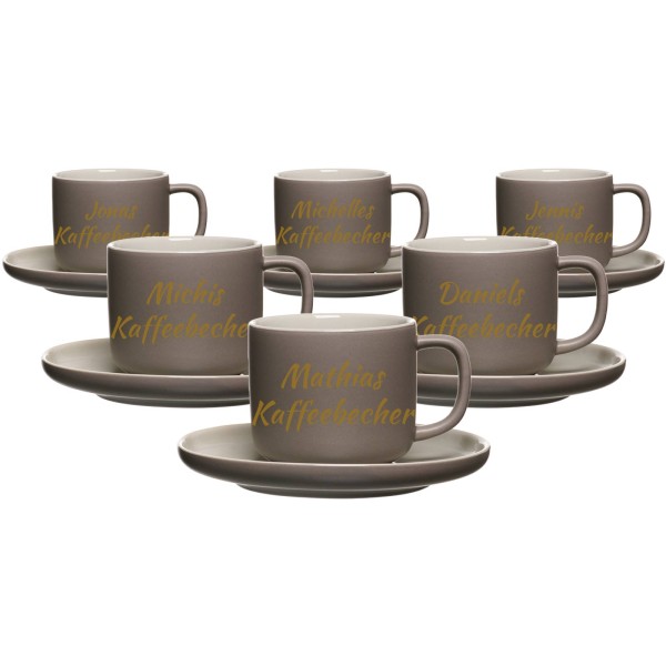 Kaffebecher mit Untertasse Jasper mit gold-gefärbter Gravur 2er Set - Taupe